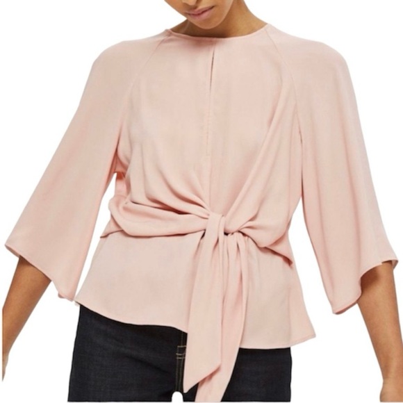 Topshop Blush Pink Front Tie Peplum Keyhole Detail Top - Picture 2 of 10